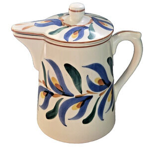 Vintage Hand Painted German Pottery Pitcher with Lid Large Folk Floral